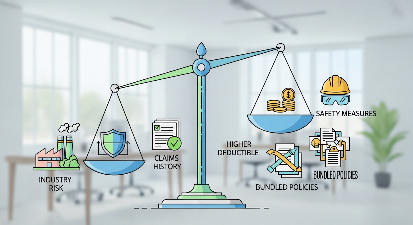 "A balance scale infographic showing the various factors that influence the cost of small business insurance premiums."