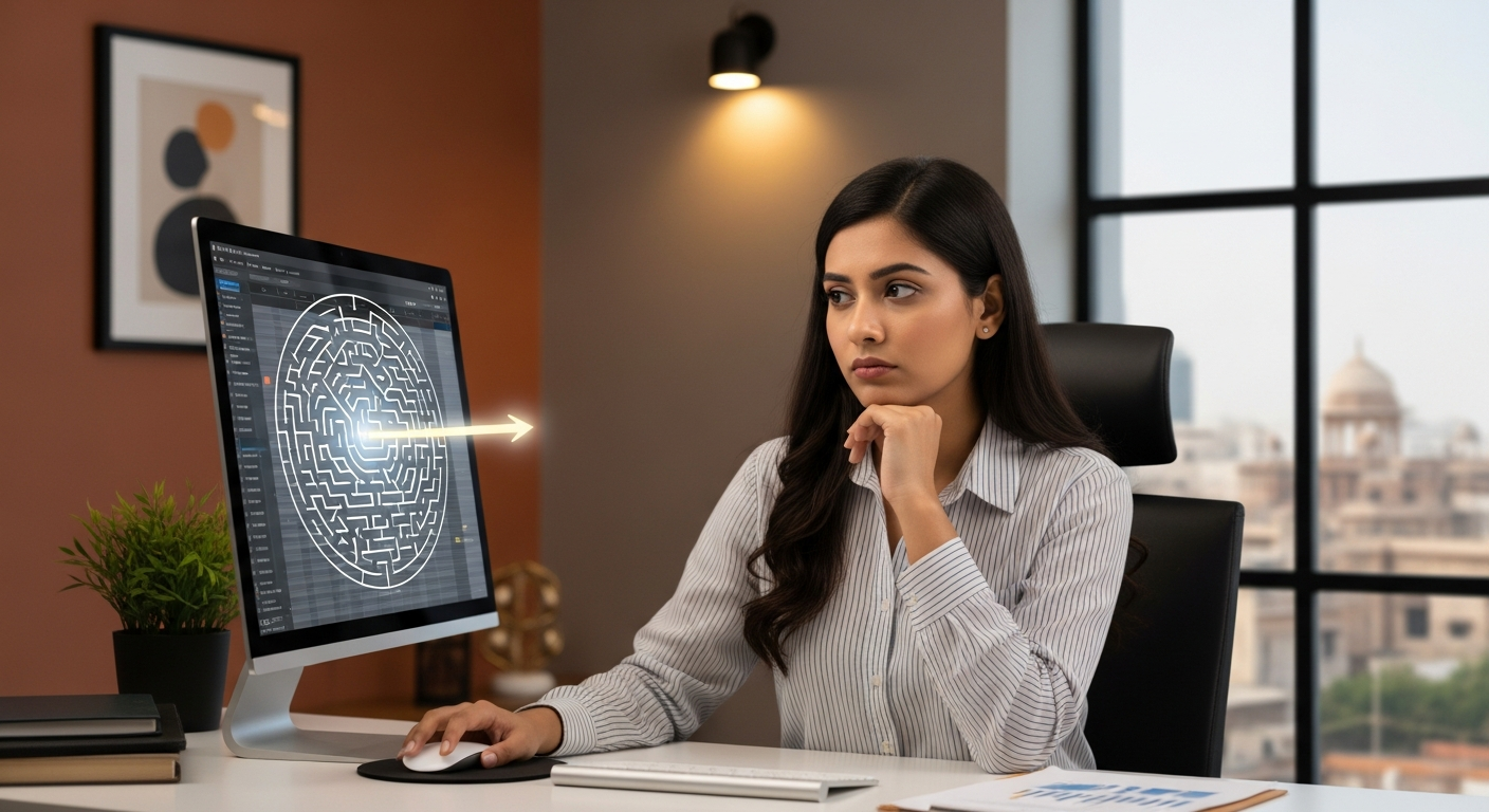 "A small business owner contemplating the complexities of business insurance online, with a path to clarity emerging on their screen."